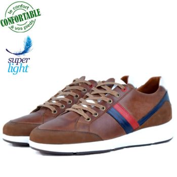 Baskets Pour Homme 100% Cuir EXTRA Confortable Tabac LO-664T