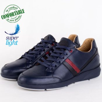 Baskets Pour Homme 100% Cuir EXTRA Confortable Marine LO-664BL