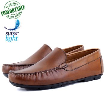 Mocassin Pour Homme Confortable 100% Cuir Tabac 092T