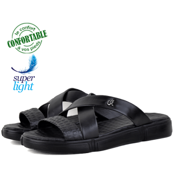Sandales Pour Homme TrÃ¨s Confortable 100% cuir Noir LO-039N