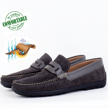 Mocassin Pour Homme Confortable 100% Cuir Gris 081G